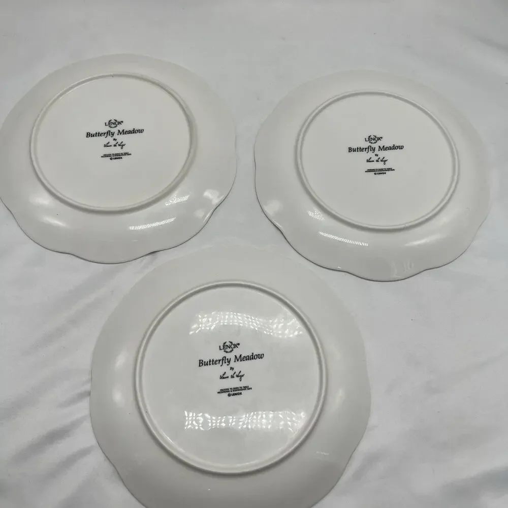 3 Lenox Butterfly Meadow Scallop Round Dessert Lunch Salad Plates Green‎ 8” Set